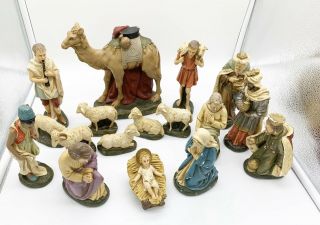 Vintage Chalkware Hand Painted 17 Piece Nativity Set Made In Germany
