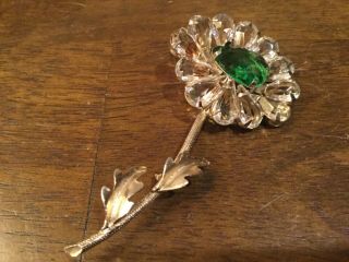 Signed Weiss Vintage Rhinestone Flower Brooch Pin Green Center Gold Metal Leaves