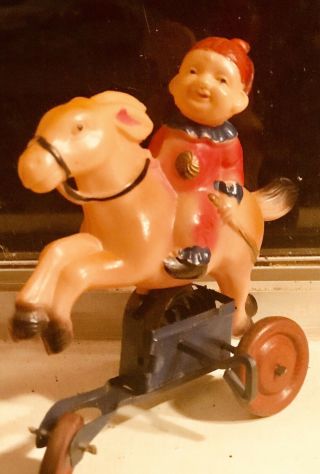 Vintage Celluloid Tin Boy Riding Horse Made In Occupied Japan Wind Up Toy