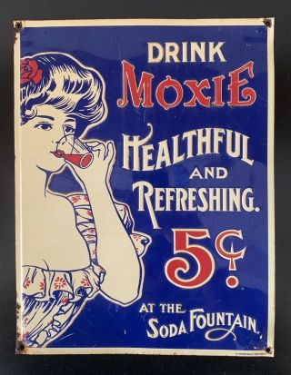 5 Cent Moxie Soda Advertising Sign Embossed Steel Multicolored 10”x 13”