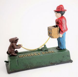 Vintage Cast Iron Mechanical Monkey Bank " Organ Grinder " Piggy Bank -