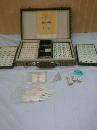 Vtg Chinese Mah Jong Bone & Bamboo Tile Wooden Box Case Game Set