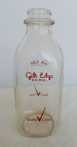 Vintage Gilt Edge Dairies Glass Milk Bottle Quality Chekd Duraglas One Quart