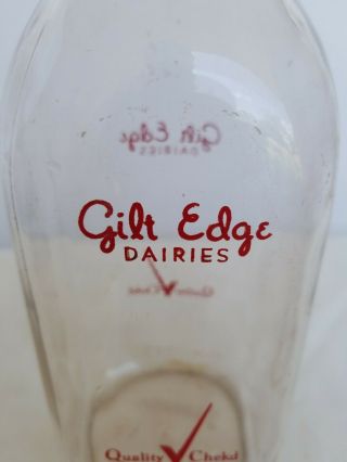 Vintage Gilt Edge Dairies Glass Milk Bottle QUALITY CHEKD Duraglas One Quart 2