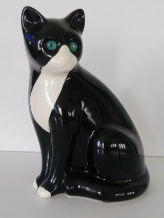 Vtg Elpa Alcobaca Black & White Ceramic Cat Statue Blue Glass Eyes Portugal 10 "
