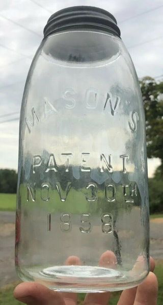 Antique Half Gallon Dead Clear Masons Patent 1858 Fruit Jar Question Mark Base