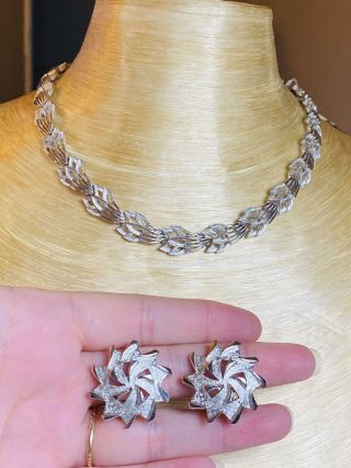 Vtg Silver Mid Century Necklace Earrings Matching Set Signed Crown Trifari