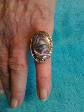 Estate Vintage Abalone And Marcasite Sterling Silver Ring Size 4