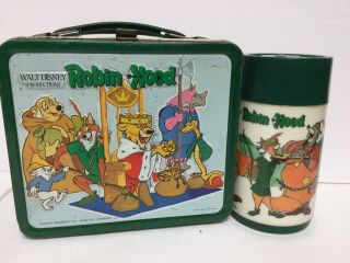 Vintage 1973 Walt Disney Productions Robin Hood Metal Lunchbox With Thermos