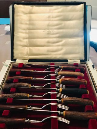 Vintage Lewis,  Rose And Co.  12pc Real Stag Horn Stainless Steak Knife & Fork Set