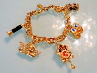 Vtg 80s Kenneth Lane Kjl Heavy Rich Gold Glass Jewel Charm Bracelet Cherub Dice