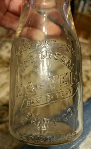 Ka - Vee Dairy Co.  Belleville Pa.  Embossed Half Pint Milk Bottle Best By Test