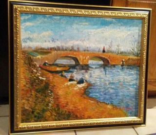 Dutch Bridge Signed Wood Frame Oil On Canvas Painting Vintage Art Decor Design
