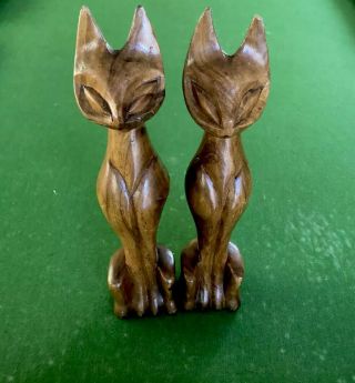 Vintage Mid Century Carved Wooden Siamese Cat Set Of 2