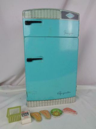 Vintage Wolverine 187 Aqua Blue Large Metal Tin Toy Refrigerator W/food & Box