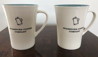 X2 Starbucks Company 2006 14 Oz Tall Ceramic Mug White Blue W/ Coffee Pot Logo