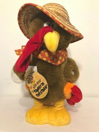 Dandee Turkey Singing Hopping 13 " Plush Turkey In The Straw Hat Thanksgiving