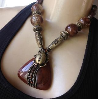 Vintage Necklace Huge Egyptian Cicada Pendant Wide Exotic Beads