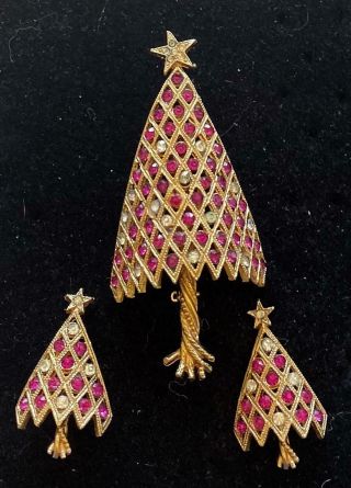 Coro Vintage Brooch Earrings Hot Pink & Ice Rhinestone Christmas Tree