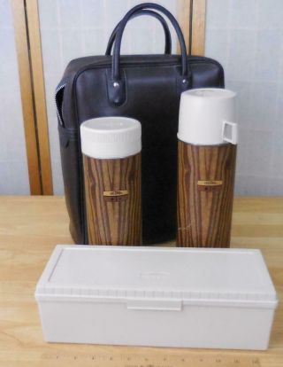 Thermos Vintage Faux Wood Grain Picnic Set Of 3 Containers & Carrying Bag
