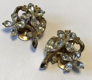 Vintage Crown Trifari Signed Clear Rhinestone 4 Leaf Clover Earrings