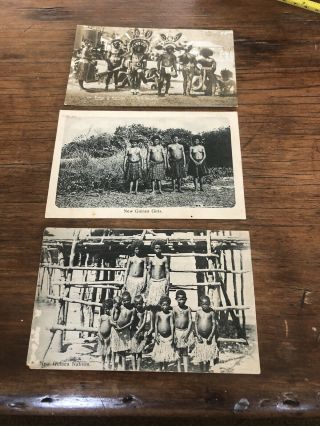 Vintage Postcards X 3 Guinea Natives Semi Nude Girls Native Head Dress