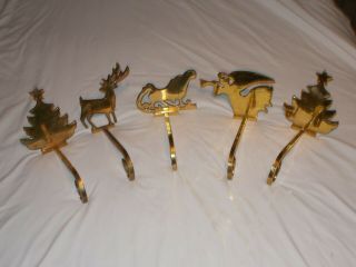 Vintage Heavy Brass Christmas Stocking Holder Hangers Long Hook Set Of 5