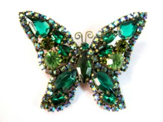 Vintage Green Rhinestone Butterfly Brooch Pin