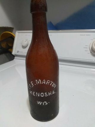 1890s W.  F Martin Amber Blob Beer / Soda Bottle Kenosha Wis Wi Wisconsin Htf