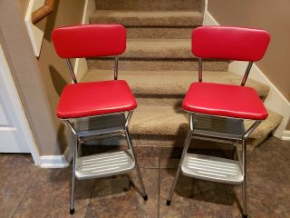 Vintage Cosco Step Stools W/ Flip Up Seat - Red & Silver