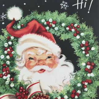 Vintage Mid Century Christmas Greeting Card Santa Claus Face In Berry Wreath