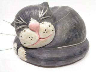 Vintage Sleeping Cat Hand Carved & Hand Painted Gourd Black & White Tuxedo Kitty