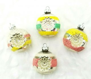 4 Vintage Shiny Brite Mica Frosted Stripe Indent Glass Ball Christmas Ornaments