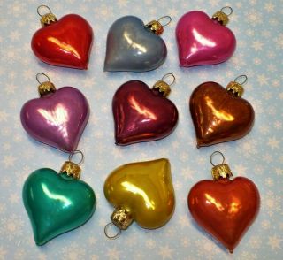 9 Vintage Christmas Glass Assorted Colors Hearts Tree Ornaments