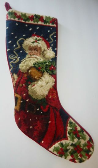 Vintage Needlepoint Christmas Santa Holly Stocking Htf