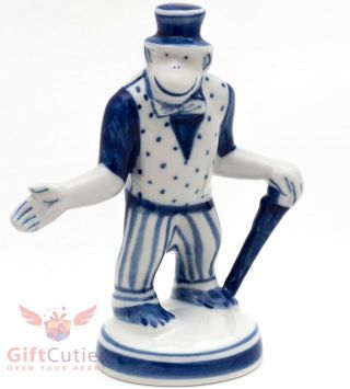 Gzhel Porcelain Circus Monkey In Tuxedo Suit Figurine Handmade Souvenir