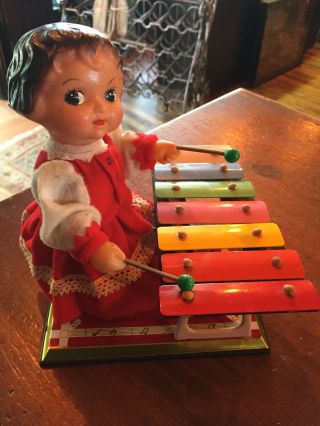 Vintage Tin Toy Wind Up Girl Playing Xylophone China C1960’s Beauty