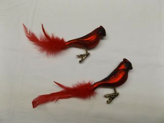 2 Germany Inge Glas Clip - On Blown Glass Cardinal Bird Christmas Tree Ornaments