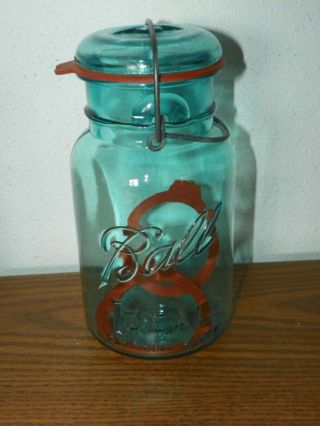 Vintage Ball Ideal Quart Blue Glass Canning Mason Jar Wire Bail,  Lid & Seals 4