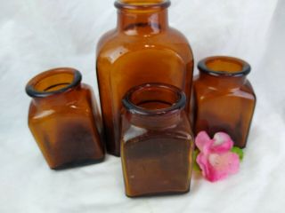 Vintage Snuff Square Bottles 4 Amber Glass Tobacco Collectibles