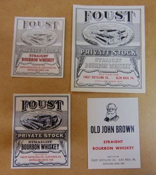 4 1937 Foust Whiskey Distillery Labels Glen Rock Pa " Old John Brown "