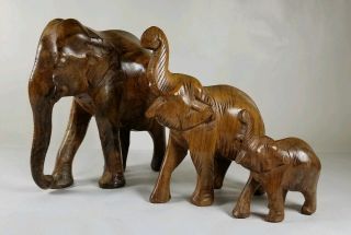 Set Of 3 Mid Century Wooden Elephants Hand Carved Missing Trunks Cute Fun Luck