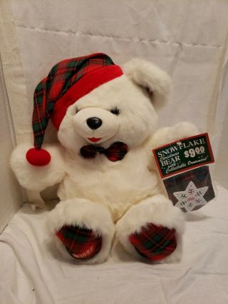 1991 Snowflake Christmas Teddy Bear - 22in Plush White - Boy With Tags