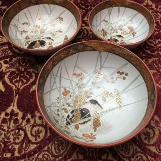 3 Signed Antique C.  1900 Japanese Meiji Period Kutani Satsuma Nesting Bowls
