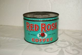 Red Rose Coffee 1 Lb Key - Wind Tin With Lid - Scarce Teal Green Color