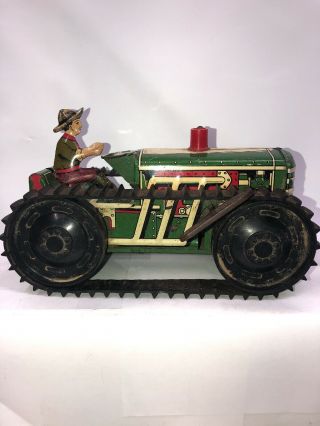 Vintage Marx Tin Wind Up Climbing Tractor W/ Treads & Farmer