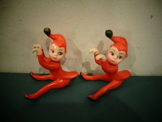Vintage Red Rubber Christmas Pixie Elf Elves Figurines Ledge Hugger