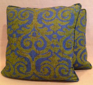 Jack Lenor Larsen Vintage Blue Green Cotton Linen Designer Throw Pillow 21 " X 21 "
