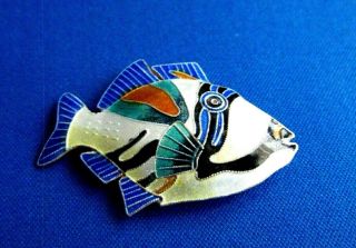 Vtg Sterling Zarah Guiloche Enamal Tropical Triggerfish Brooch/pin