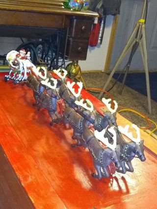 Vintage Cast Iron Toy Santa Claus Sled With 8 Reindeer On Wheels